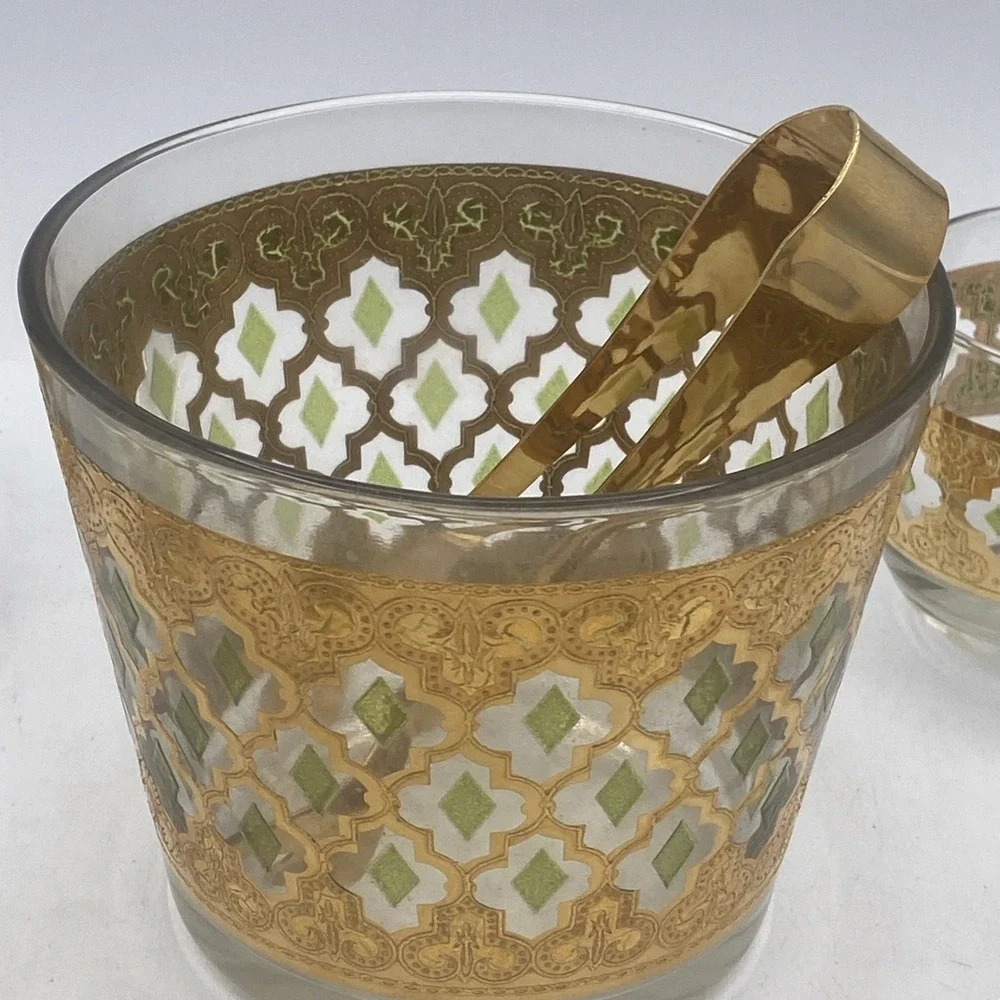 VTG Culver Green 22K Gold VALENCIA Ice bowl & Roly Poly Glasses BAR SET MCM